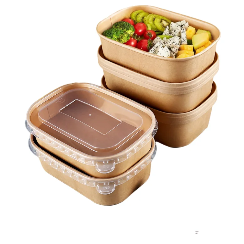 Custom Printing Food Packing Box Salad Bowls with Lid Eco Friendly Biodegradable Food Container Kraft Brown Paper Square Bowl