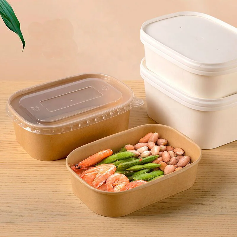 Eco-Friendly 100% Compostable Rectangle Take out Bowl Single Wall Kraft and White Paper with Lid