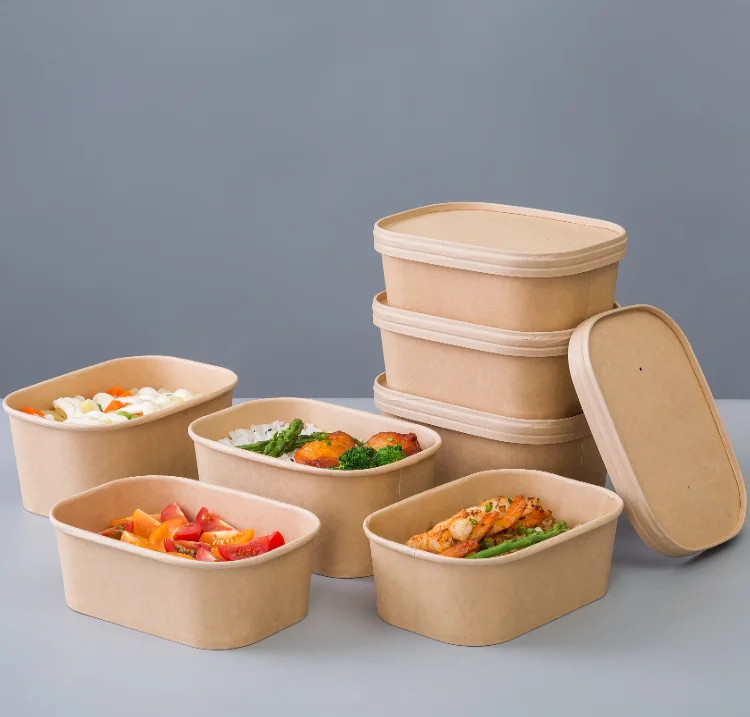 Square and Rectangular Kraft Paper Bowls with Plastic Lid for Salad and Cookie Durable Food Container with Embossed Design