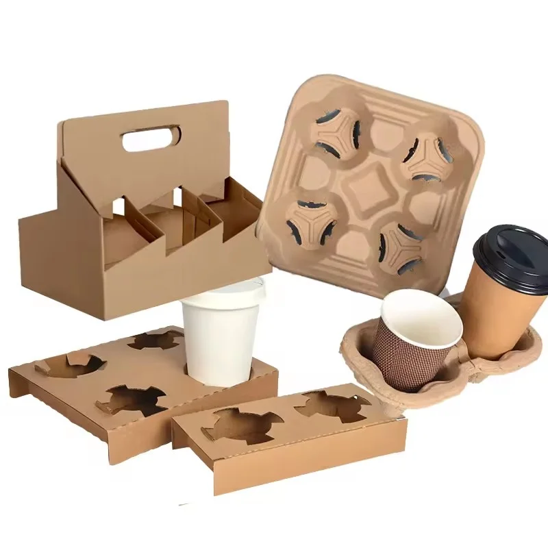 Customized Biodegradable Food Packaging Paper Pulp Hot Cold Drink Cardboard Cup Carrier Take Away Coffee Tea 2/4 Cup Holder