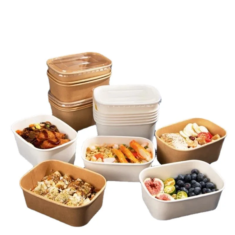 Jeafer Eco Friendly Disposable Rectangular Kraft Paper Salad Bowl Take Away Food Container Microwavable 500ml/650ml/750ml/1000ml