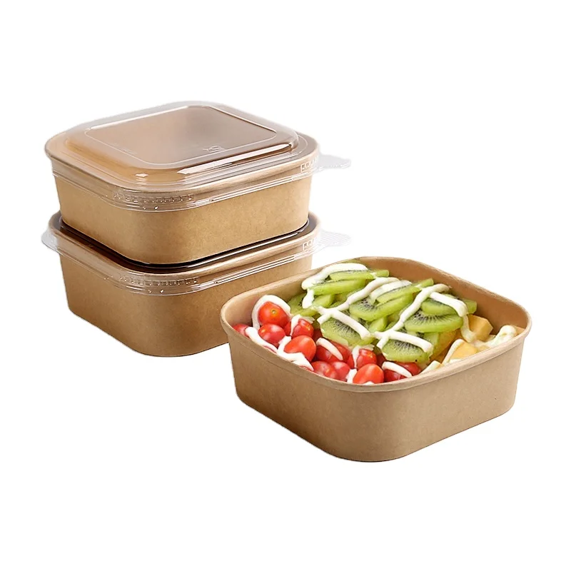 750ml 1000ml 1200ml 1400ml Sizes Disposable Take Away Paper Square Salad Bowl with PET/PP Lid