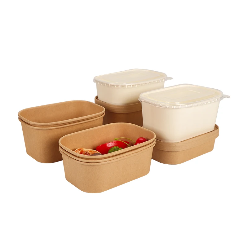 Factory Wholesale Disposable Kraft square Paper Bowl Rectangular Take Out Packing Fast Food Box with Lid